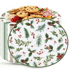 50 Pcs 12 Inch Oval Christmas Paper Plates Disposable Holiday Dinner Plates...