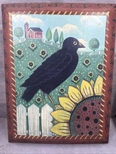 Primitive Folk Art Raven Crow Bird & Sunflower Painting On Wood 11.5”X9” Signed