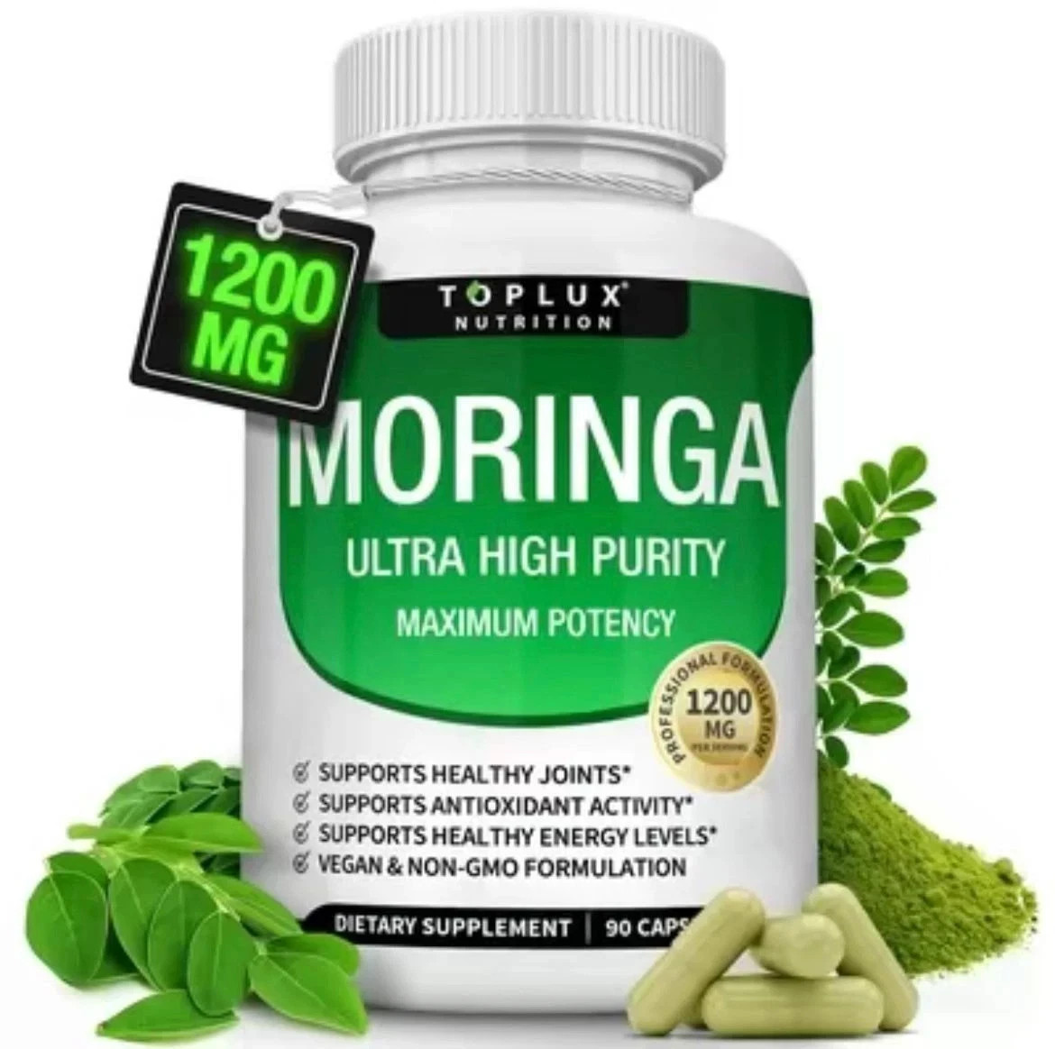 Pure Moringa Powder Capsules 1200mg - 90 Count, Whole-Body Health & Vitality