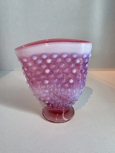 Fenton Cranberry Opalscent Hobnail  fan vase  4.75"