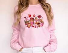Valentines Day Coffee Cups Sweatshirt - Pink Coffee Drink Pullover - Caffeine Lo
