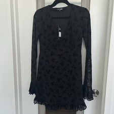 Fashion Nova Black Floral Mesh V-Neck Long Sleeve Ruffle Mini Dress Size M