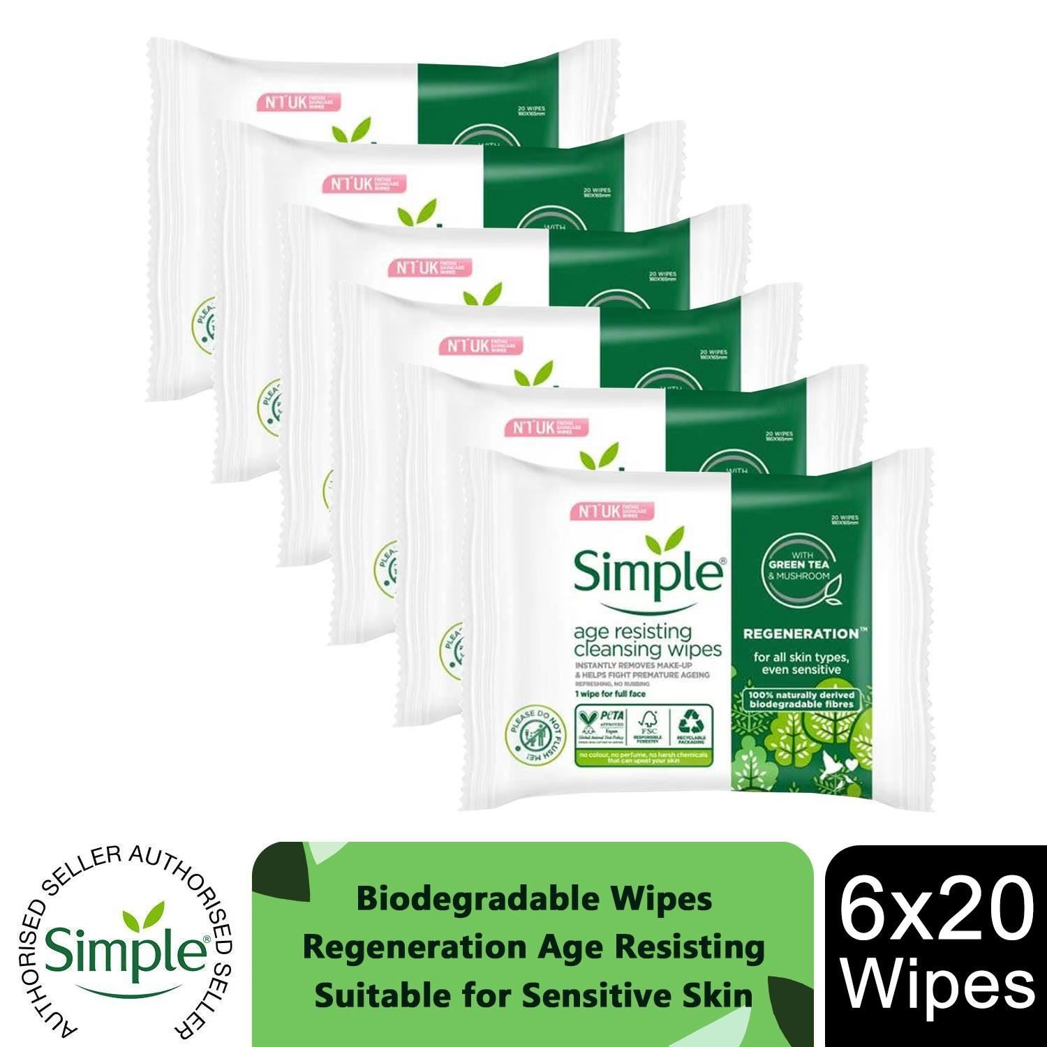 Simple White Age Resisting Cleansing Wipes 6X20pk Sensitive Skin In - Image 2