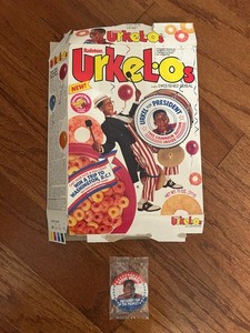 1991 {Ralston} "URKEL'OS" {STEVE URKEL FOR PRESIDIENT} Cereal Box SEALED BUTTON!