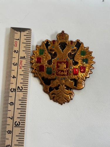Vintage Russian Double-Headed Eagle Enamel Brooch Pin Gold-Tone Hand-Painted - Picture 6 of 8
