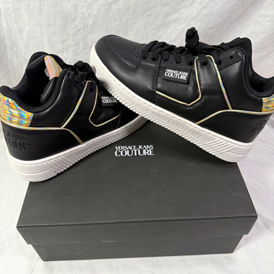 Versace Jeans Couture Men s Black/White Low Top Lace-Up Logo Sneakers 75VA3SJ1
