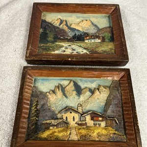 Set of 2 - Wood Carved Hand Painted Wall Art Germany 8”x6” Vintage