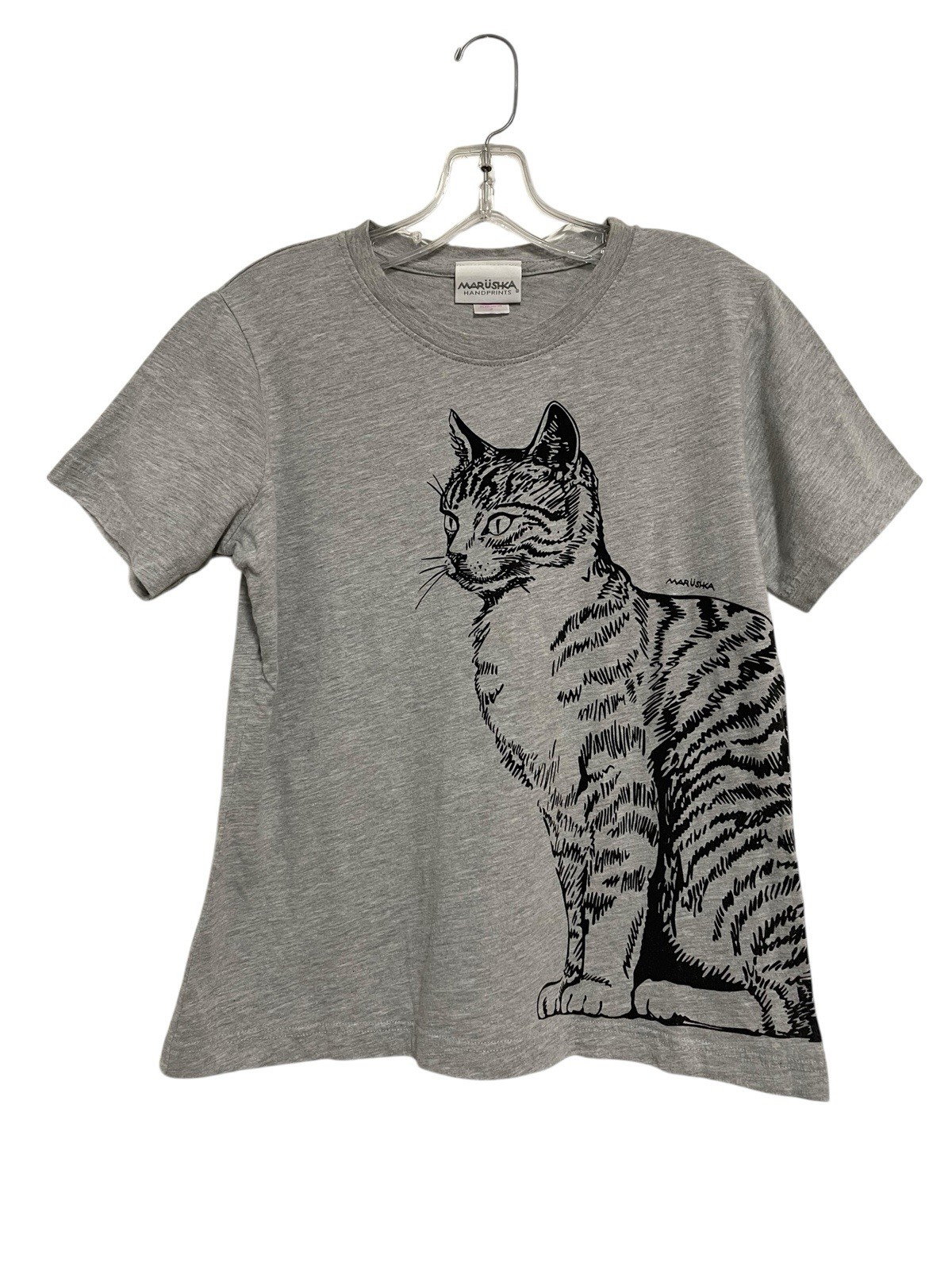Marushka Hand Printed Cat T Shirt Grey Cotton Womens Medium