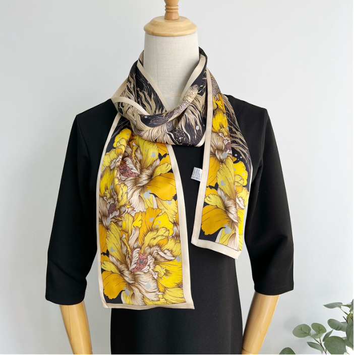 100% Mulberry Silk Scarf 150x16cm Golden Petals Print Women's Wrap Neckerchief