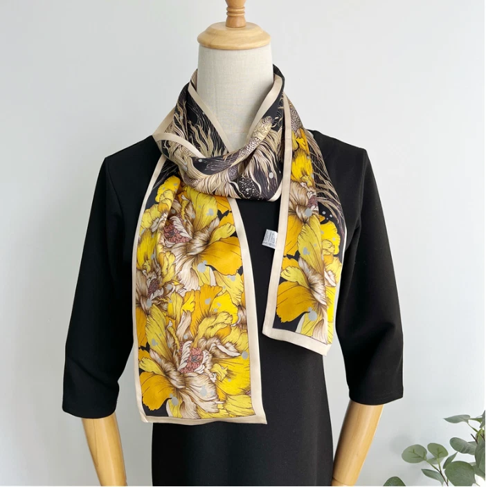 100% Silk Mulberry 150X16cm Scarf Women Neckerchief Wrap Golden petals Print new