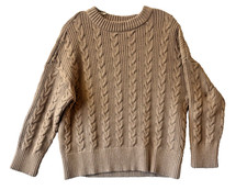 Women s Beige Cable-Knit Crew Neck Ribbed Trim Pullover Sweater M Long Sleeve