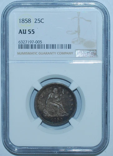 1858 NGC AU55 Seated Liberty Quarter