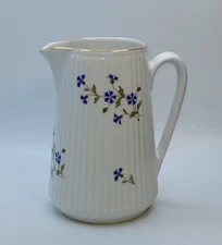CNP France Blue Floral on Ribbed White Porcelain Pitcher • Gold Accents 6.5" Vtg
