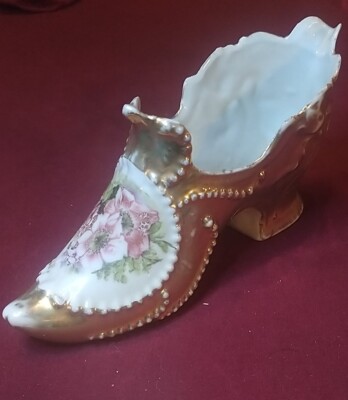 Vintage Ceramic Shoe ~ Rococo Style Gold Slipper ~ Violet Flower European Design