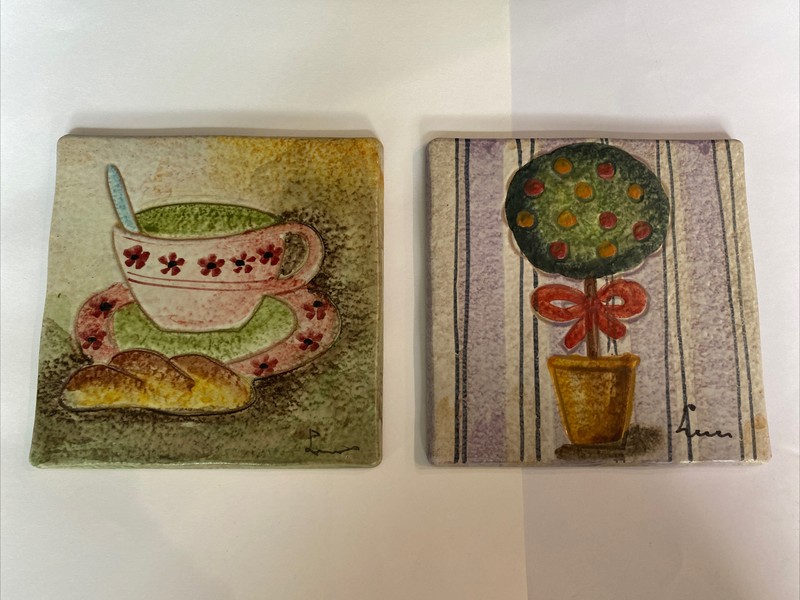 Italian Tile-Trivet Hand Painted- Bicottura  PIANA 6” Terra Cotta Tiles (2)