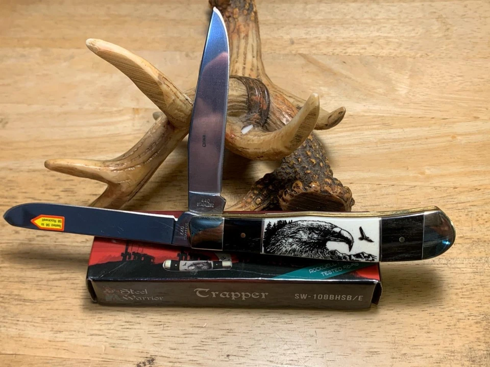 Frost Steel Warrior Buffalo Horn Eagle Trapper 4 1/8" Pocketknife FSW108BHSBE - Image 4 of 4