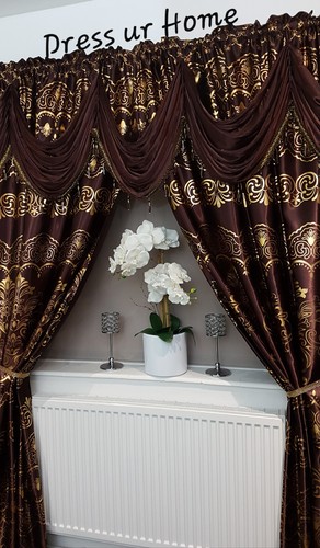 Novelty Grey/Brown/Red/Yellow Curtain Swags & Tails Gold Design with Tie-Backs - Picture 12 of 71