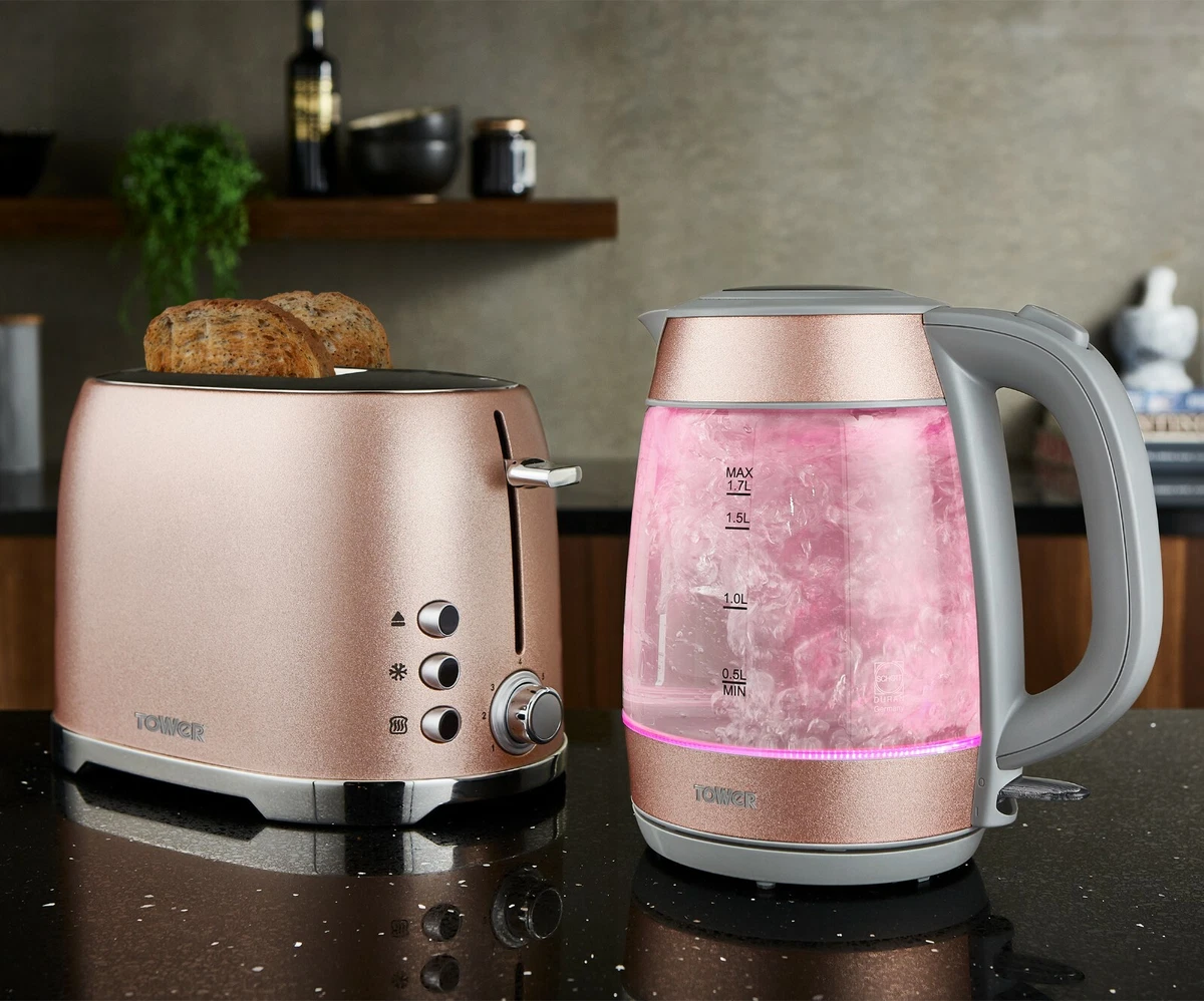 TOWER Rose Gold White MANUAL Microwave, 1.7L Quiet Boil Kettle & 4