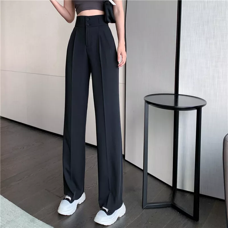 Womens High Waist Straight Legs Pants Formal Dress Suit Long Loose Trousers