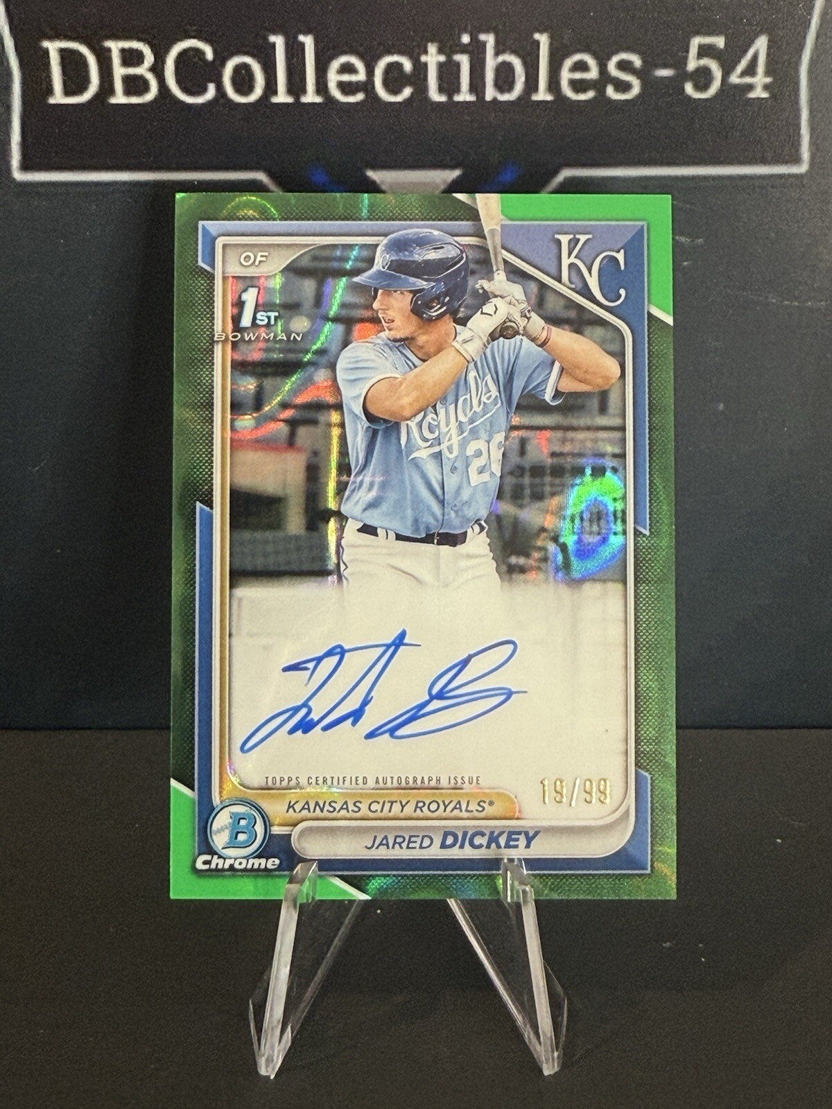 2024 Bowman Chrome Jared Dickey 1st Green Lava Auto 19/99 Kansas City Royals