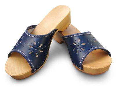 Damen Holz Clogs Leder Sommer Sandalen Pantoletten Holzschuhe Blau