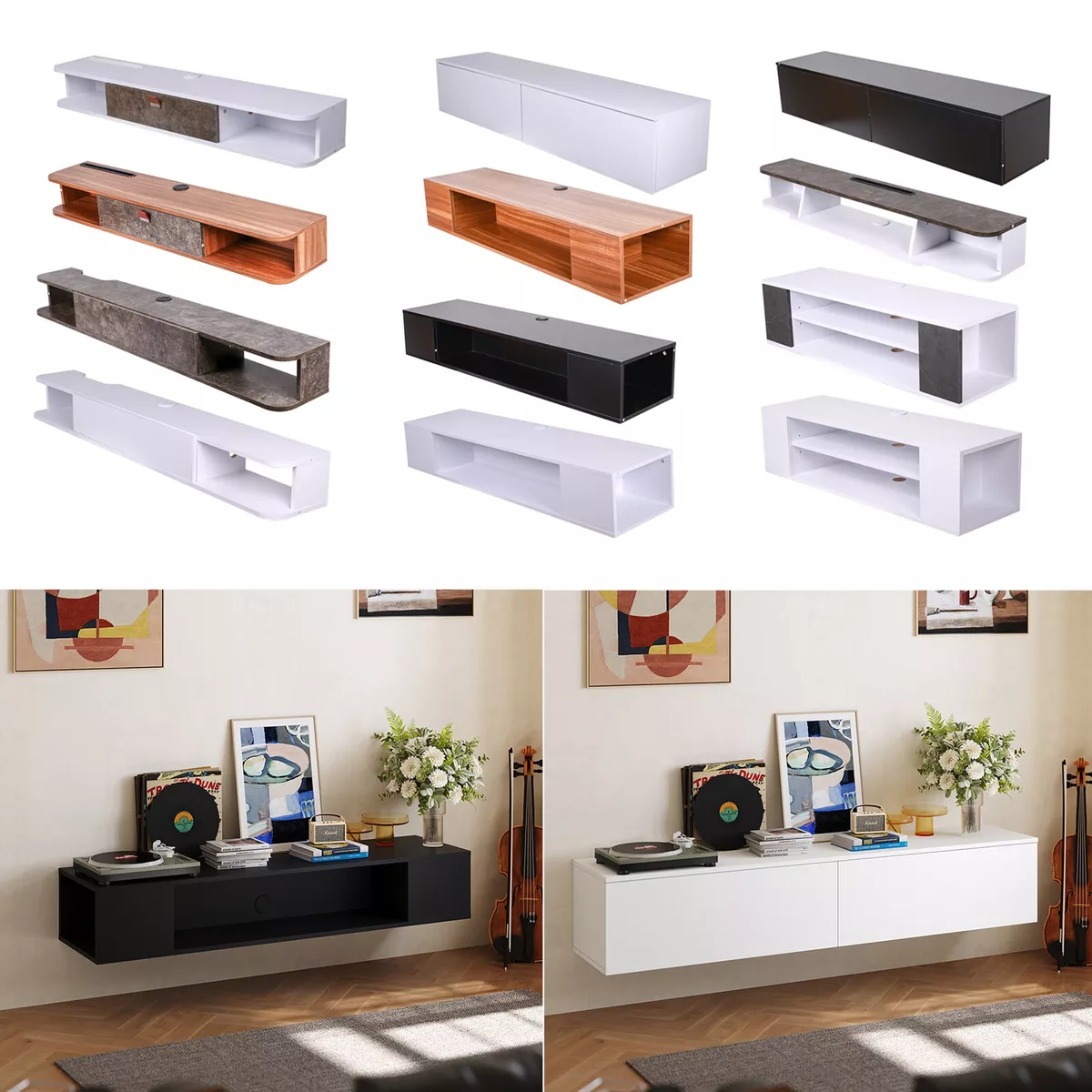 Below TV Unit Wall Cabinet Floating Cupboard Bookshelf Slim Narrow Stand Shelves