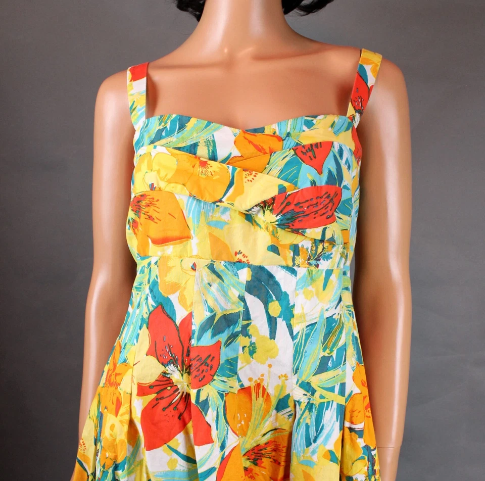 Vestido Hawaiano Vintage Talla 14 L Amarillo Azul Blanco Calado Sin Mangas Algodón R&K Foto 2 de 4