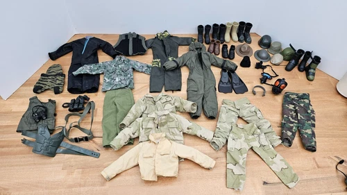 46 Piece Lot of Vintage 1990s 12"  GI Joe Clothing Pieces, Boots, Pants, Jackets