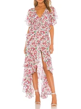 MISA LOS ANGELES Katarina V Neck Asymmetric Maxi Dress Peony Floral Ditsy S $365
