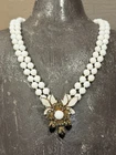 VINTAGE DOUBLE STRAND MILK GLASS BEAD FLORAL PENDANT NECKLACE MIRIAM HASKELL