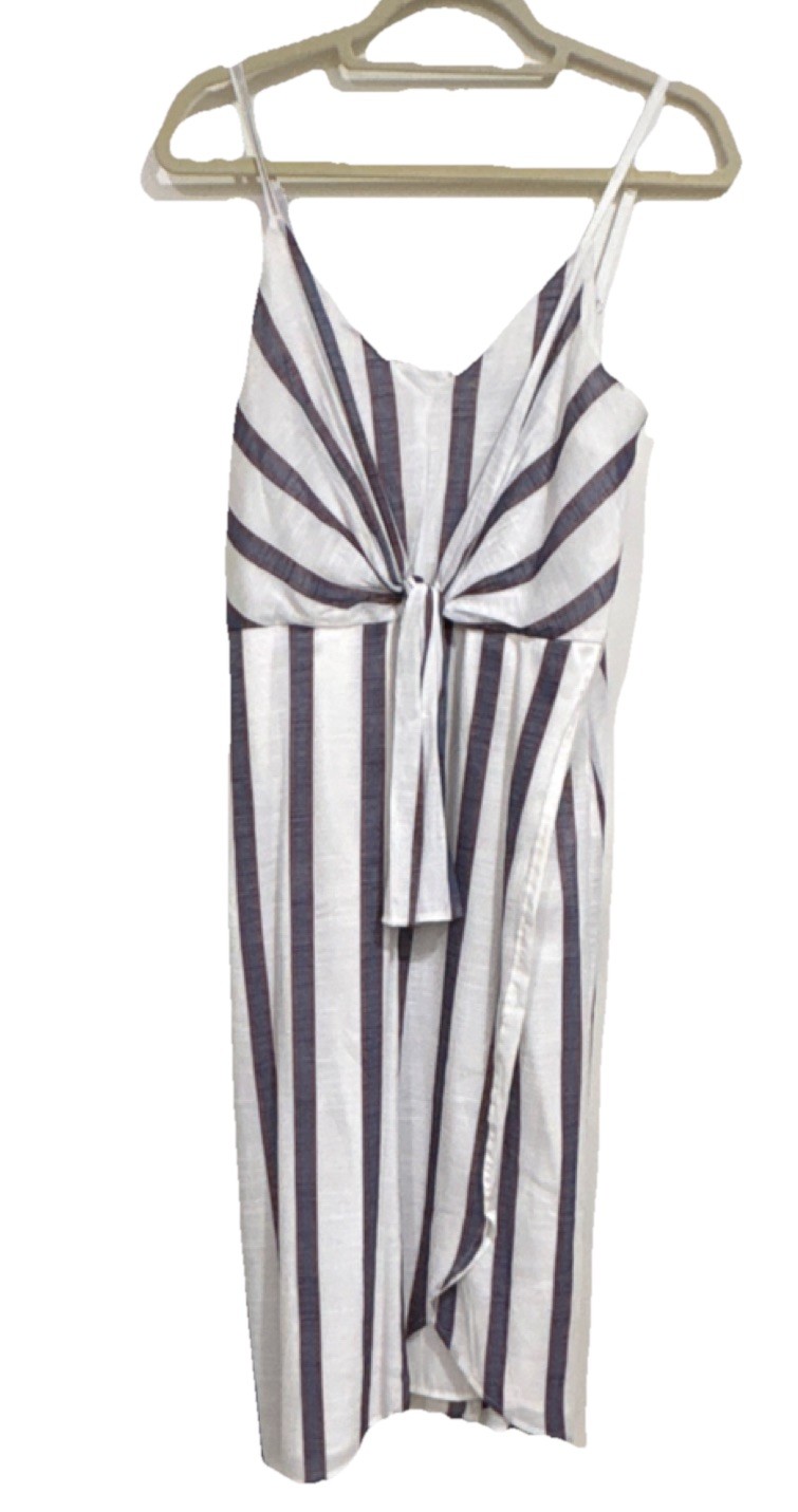Banana Republic Women’s Sz 10 Striped Midi A-Line Dress Tie White Blue Red Boho