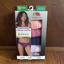 NIB Fruit of the Loom Women  s Size 9 / 2XL 6 Bikinis Stretch Cotton Panties NEW