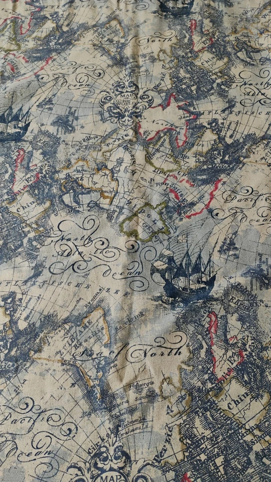 Handmade Linen Curtain Panels 50 x 65" (2) World Map Beige Blue Study EUC - Image 2 of 4