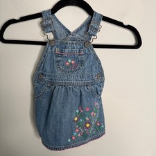 OshKosh B'Gosh Girls Blue Denim Floral Embroidered Skirt Overalls Jumper Dress