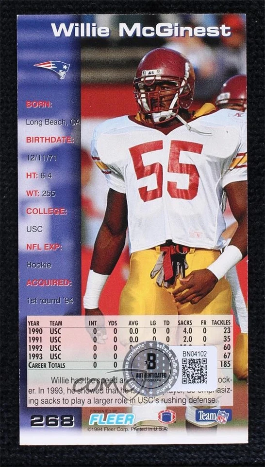 BAS 1994 Fleer GameDay Willie McGinest #268 Beckett Auth Sticker Auto Rookie RC - Image 2 of 2