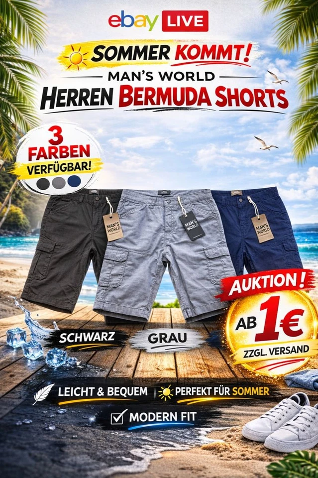 Herren Bermuda Shorts Sommer Cargo 3 Farben Man’s World Live Deal