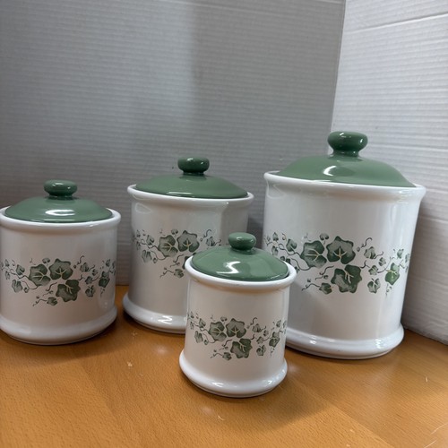 Set of 4 Vtg Corelle Coordinates Ivy Ceramic Canisters Jay Import Green White