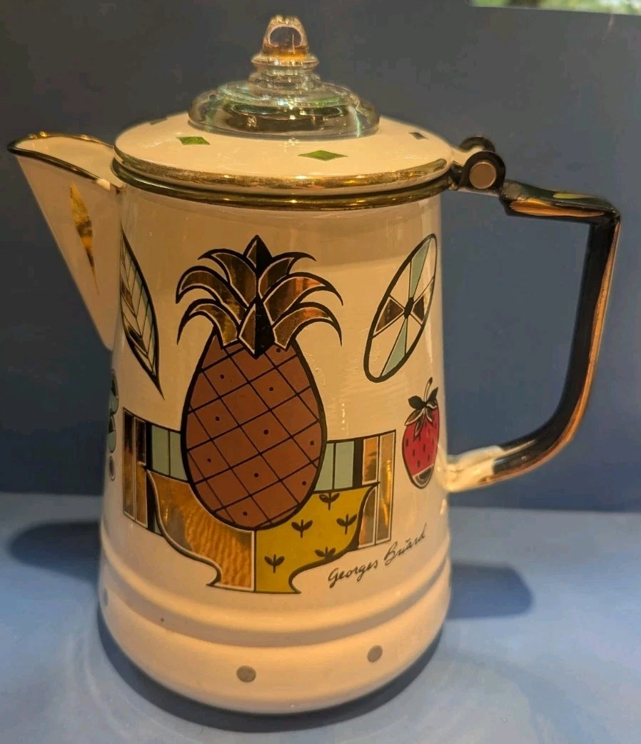 Vintage Georges Briard Enamel Metal Coffee Pot Teapot Mid Century MCM