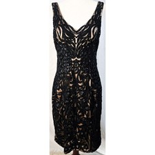 Sue Wong Nocturne Vintage Beaded Sequin Sheath Dress 10 Black Beige Mesh Lace
