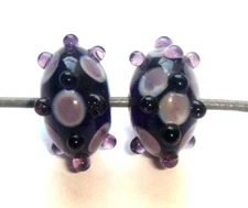 Qty. 10 - 20 x 10mm Bumpy Black, Light Purple & White  Lampwork Glass Beads