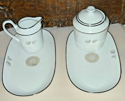VINTAGE LIMOGES FRANKREICH MONOGRAMM SIGNATUR WEISS SILBER OVALE TABLETTS, MILCHKÄNNCHEN ZUCKER