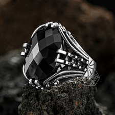 Solid 925 Sterling Silver Black Zirconia Stone Men's Ring