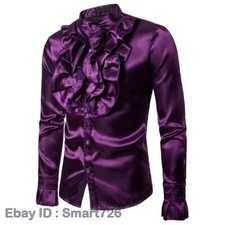 Men Faux Silk Satin Ruffle Shirt Tops Long Sleeve Fancy Costume Victorian Retro