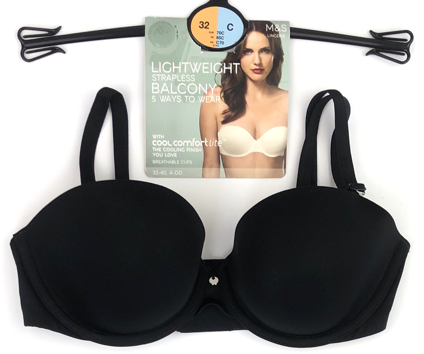 Marks & Spencer Lightweight Strapless Underwired Balcony Bra 32C BLACK BNWT