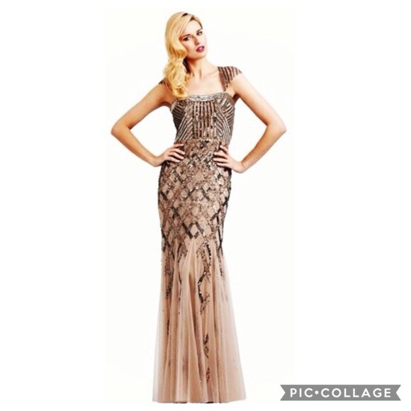 long beaded dress adrianna papell Adrianna Papell Hand Beaded Floral Godet Gown