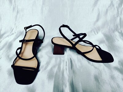 Massimo Dutti Sandal Black Suede Block Chunky Heel Leather Slingback Size  39 UK