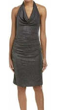 $295 Nicole Miller Collection Sparkle Cowl Neck Halter Dress Silver L Y2K 2000