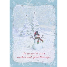Snowman with Raised Arms Send Wishes and Good Tidings Box of 15 Christmas Cards