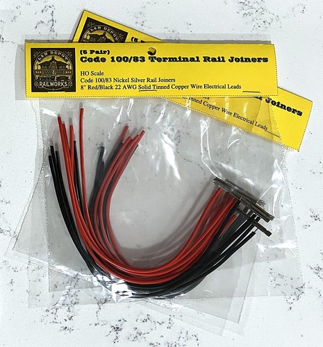 Code 100/83 Terminal Rail Joiners (10 Pair), HO Scale, Nickel Silver w 8" Leads - Picture 2 of 6