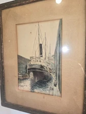 Antique early 20th Century Watercolor Ship moored at docks sgned Nencorarb Braum
